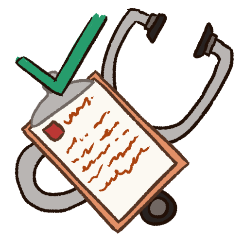 A drawing of a clipboard in front of a stethoscope. In the top left corner is a green checkmark with a black outline.